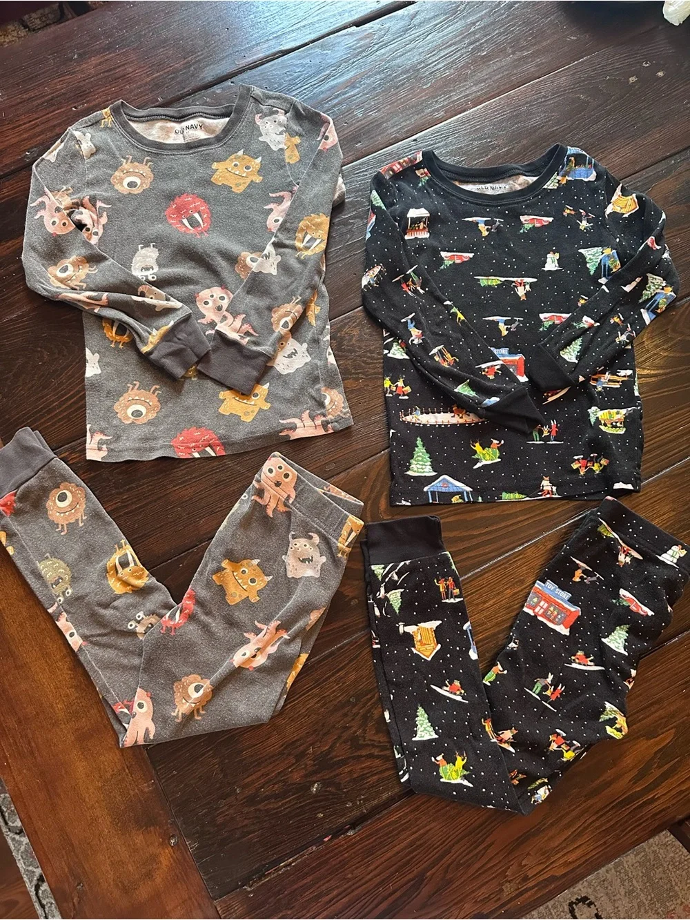 Old Navy Two-Pack Kids Pajama Sets - Gray Monster & Black Holiday Prints